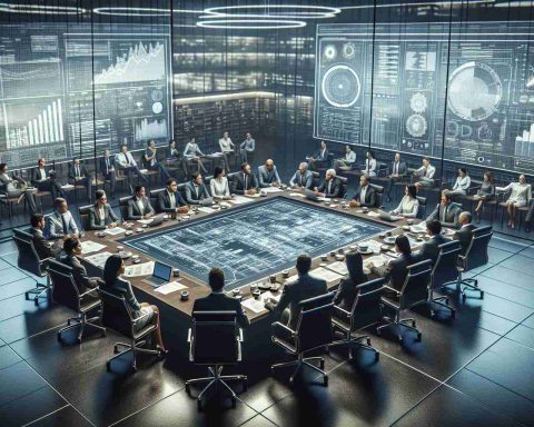 A high-definition, realistic image of a large, bustling energy company's headquarters. Inside, a group of strongly diverse and balanced team of professionals across different genders and descents such as Caucasian, Hispanic and South Asian, are in a strategic meeting. They sit around an expansive conference table laden with blueprints, laptops, and cups of coffee. The walls are adorned with complex graphs and analysis reports, illustrating the ambitious trajectory of the energy industry. The ambiance of the room denotes significant decision-making and leadership.