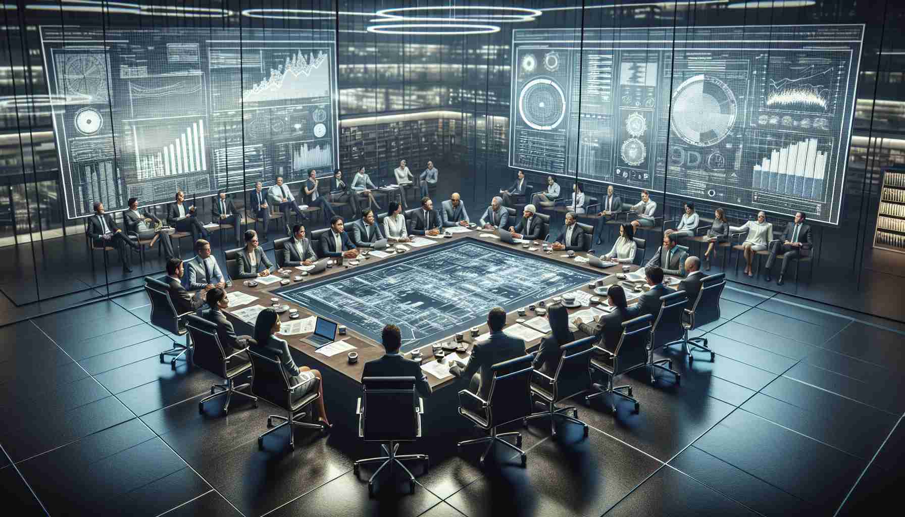 A high-definition, realistic image of a large, bustling energy company's headquarters. Inside, a group of strongly diverse and balanced team of professionals across different genders and descents such as Caucasian, Hispanic and South Asian, are in a strategic meeting. They sit around an expansive conference table laden with blueprints, laptops, and cups of coffee. The walls are adorned with complex graphs and analysis reports, illustrating the ambitious trajectory of the energy industry. The ambiance of the room denotes significant decision-making and leadership.