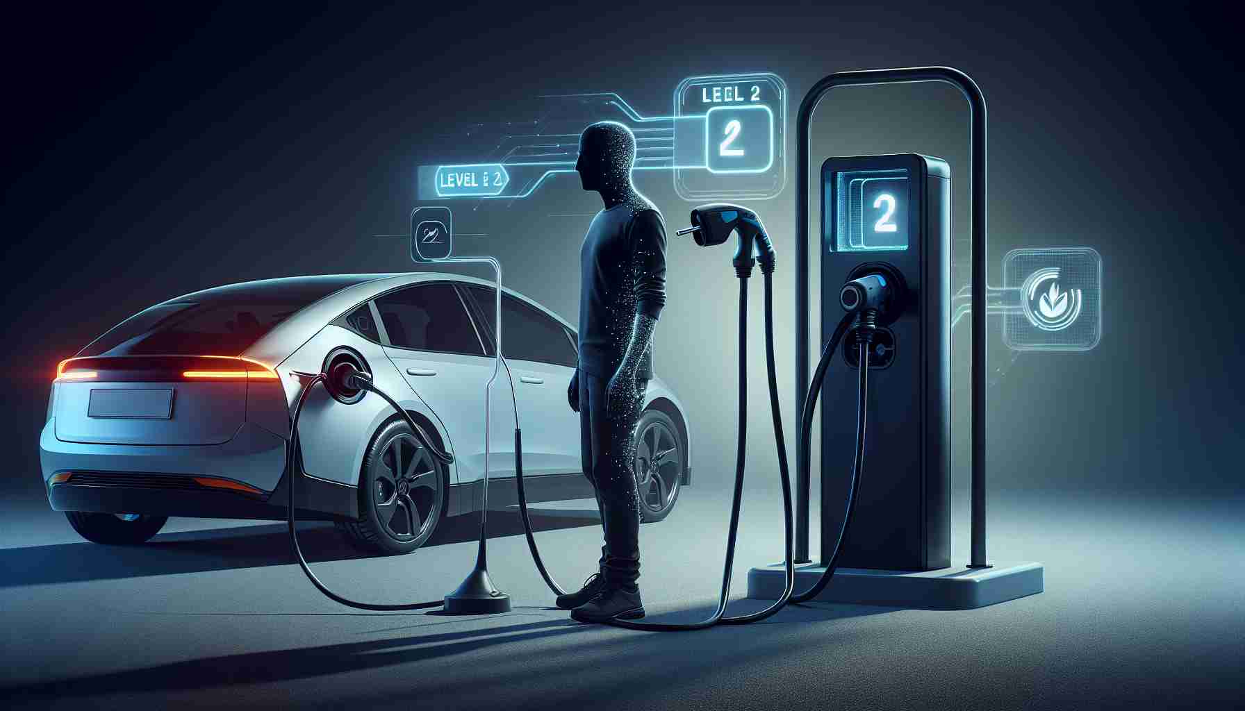 A high-definition, realistic image showing the concept of 'Unlocking the Secret Behind Faster EV Charging: What is a Level Two Charger?'. Display a level two electric vehicle charging station, with the power cable and connector prominently in the frame. Demonstrate the usage by showing an anonymous person in common street clothes, possibly of Black descent, connecting it to the charging port of a modern electric car. Don't forget to include signs or symbols indicating that it's a level two charger.