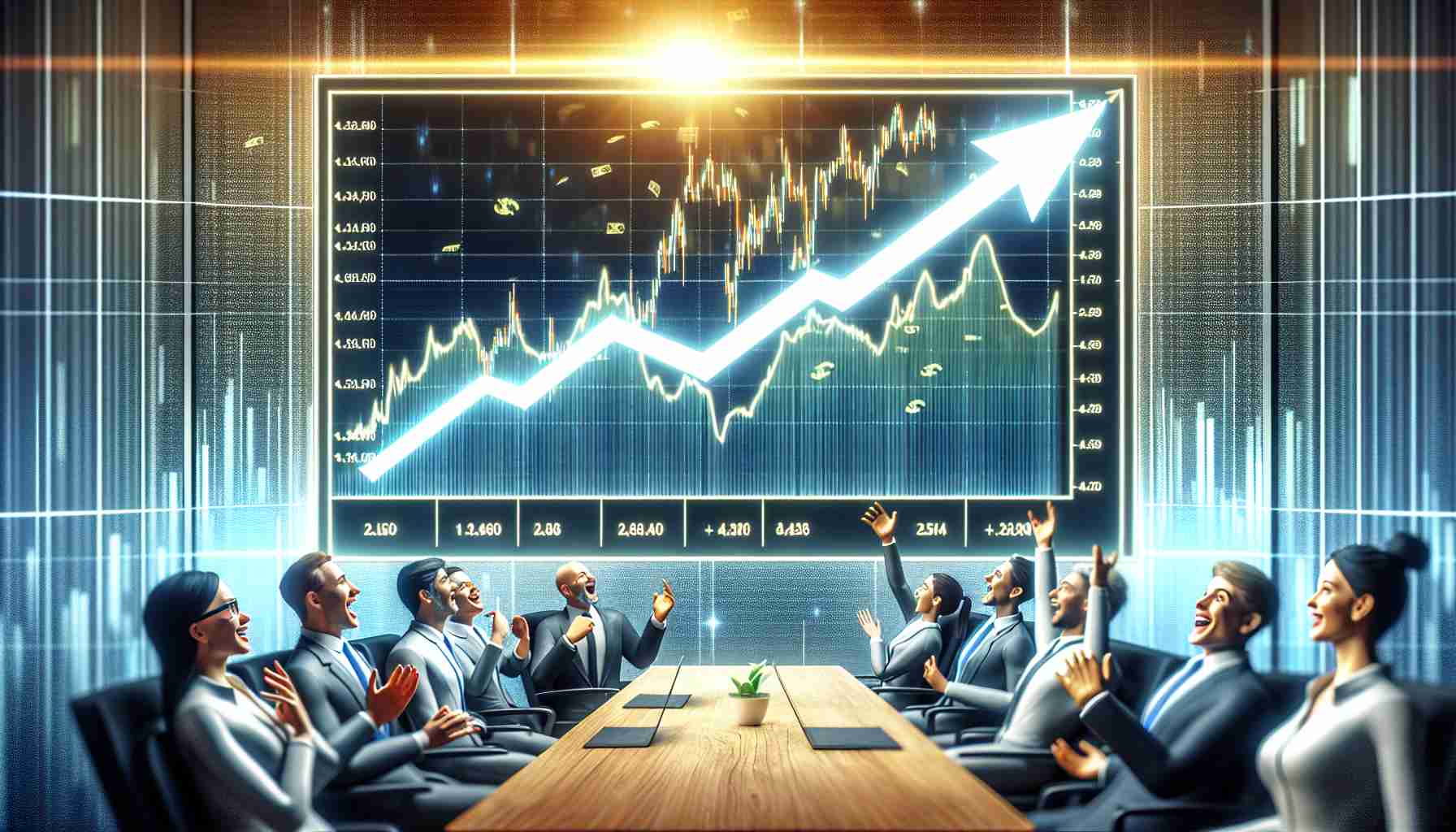 A realistic high definition image representing the concept of a financial breakthrough. This includes a stock chart shown on a digital screen with an arrow pointing upwards, signifying a rise in a company's stock value. The name 'Constellation Energy' is prominently displayed, suggesting it is their stock that is experiencing this increase. Excited investors are depicted in the background, their faces filled with anticipation and eagerness, eagerly discussing and analyzing the potential for growth.