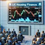 A realistic, high-definition image displaying the symbolic representation of LIC Housing Finance's initial entry into the stock market. It should include the stock market environment with a large screen showing the statistics and value of LIC Housing Finance stocks. There should be excited traders, including various genders and varied descents such as Caucasian, Hispanic, Black, Middle-Eastern, and South Asian, watching in anticipation.