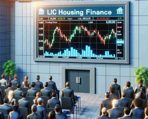 A realistic, high-definition image displaying the symbolic representation of LIC Housing Finance's initial entry into the stock market. It should include the stock market environment with a large screen showing the statistics and value of LIC Housing Finance stocks. There should be excited traders, including various genders and varied descents such as Caucasian, Hispanic, Black, Middle-Eastern, and South Asian, watching in anticipation.