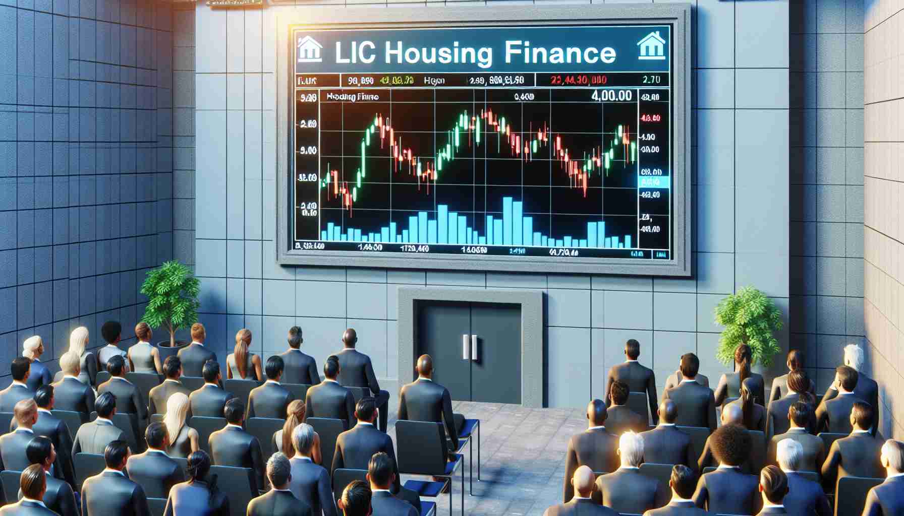 A realistic, high-definition image displaying the symbolic representation of LIC Housing Finance's initial entry into the stock market. It should include the stock market environment with a large screen showing the statistics and value of LIC Housing Finance stocks. There should be excited traders, including various genders and varied descents such as Caucasian, Hispanic, Black, Middle-Eastern, and South Asian, watching in anticipation.