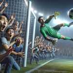 A high-definition, realistic image of a surprising scene unfolding during a football match. The goalkeeper, an Asian male, has made an unexpected move that has left the spectators and his fellow players in awe. The incredulous faces in the crowd bear testimony to the shock the move has created. The football, seen in mid-air, is being intercepted by the goalkeeper in an unforeseen manner. The setting is a large, packed stadium with intensely lit floodlights highlighting the astonishing moment.