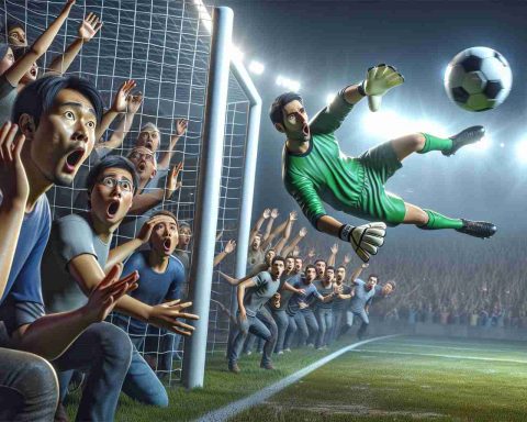 A high-definition, realistic image of a surprising scene unfolding during a football match. The goalkeeper, an Asian male, has made an unexpected move that has left the spectators and his fellow players in awe. The incredulous faces in the crowd bear testimony to the shock the move has created. The football, seen in mid-air, is being intercepted by the goalkeeper in an unforeseen manner. The setting is a large, packed stadium with intensely lit floodlights highlighting the astonishing moment.