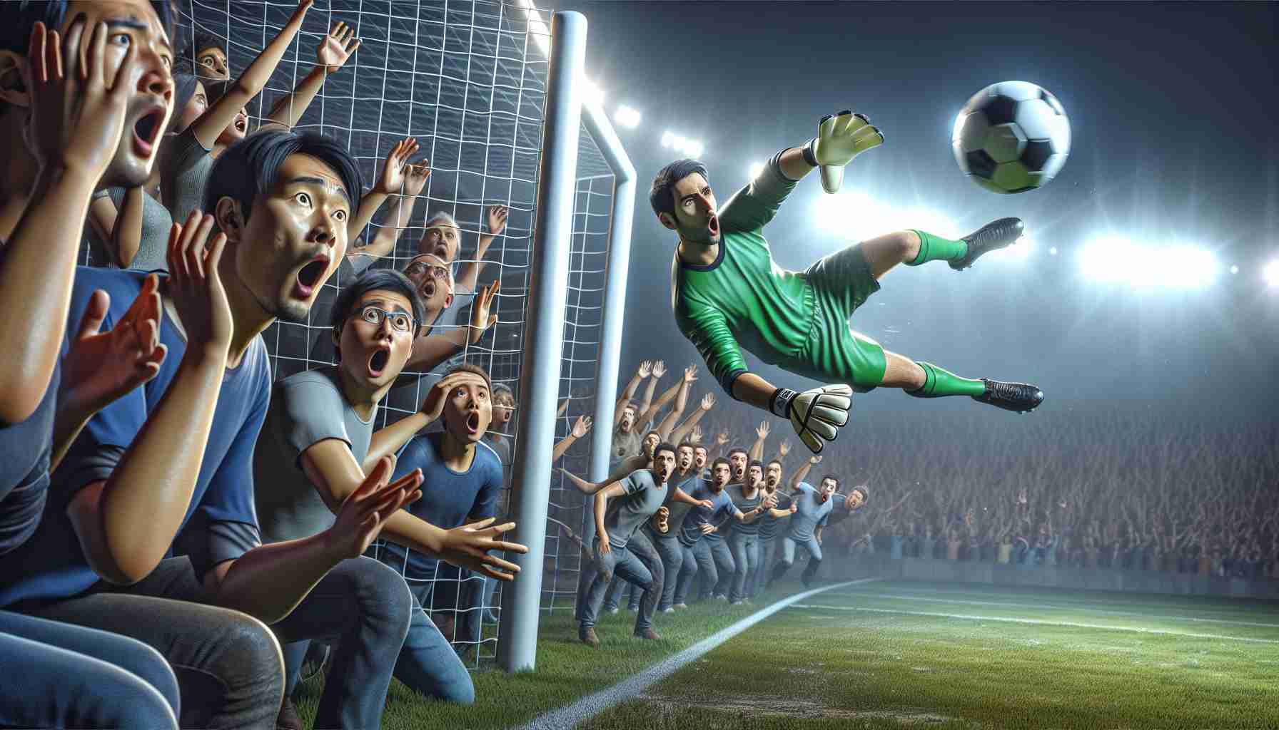 A high-definition, realistic image of a surprising scene unfolding during a football match. The goalkeeper, an Asian male, has made an unexpected move that has left the spectators and his fellow players in awe. The incredulous faces in the crowd bear testimony to the shock the move has created. The football, seen in mid-air, is being intercepted by the goalkeeper in an unforeseen manner. The setting is a large, packed stadium with intensely lit floodlights highlighting the astonishing moment.