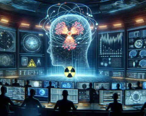 Imagine a high-definition, realistic depiction of a clandestine scene where influential technology pioneers are utilizing nuclear energy as a power source to drive the growth of artificial intelligence. The scene could include a modern, high-tech control room with numerous monitors showing complex data streams and algorithmic models, a high radiation symbol to denote the usage of nuclear power, and a glowing, pulsating 3D model of a futuristic AI brain symbolizing the 'explosion' of AI. However, no specific individuals should be recognizable.