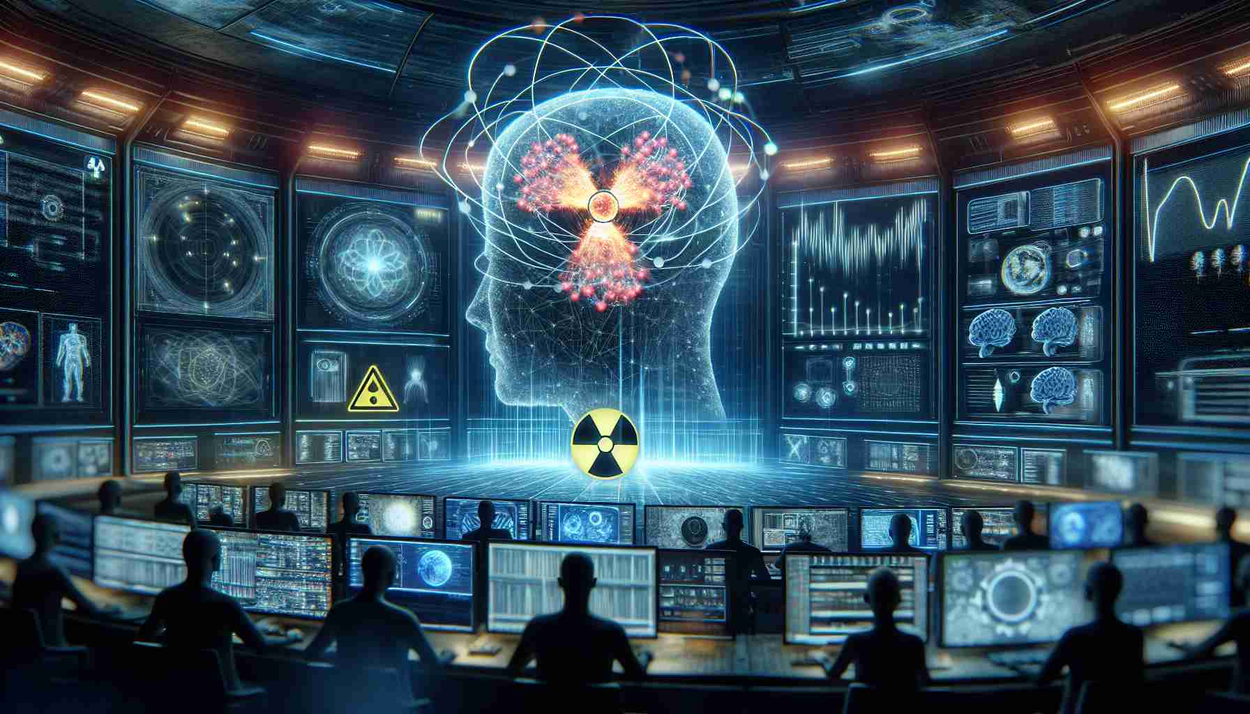 Imagine a high-definition, realistic depiction of a clandestine scene where influential technology pioneers are utilizing nuclear energy as a power source to drive the growth of artificial intelligence. The scene could include a modern, high-tech control room with numerous monitors showing complex data streams and algorithmic models, a high radiation symbol to denote the usage of nuclear power, and a glowing, pulsating 3D model of a futuristic AI brain symbolizing the 'explosion' of AI. However, no specific individuals should be recognizable.