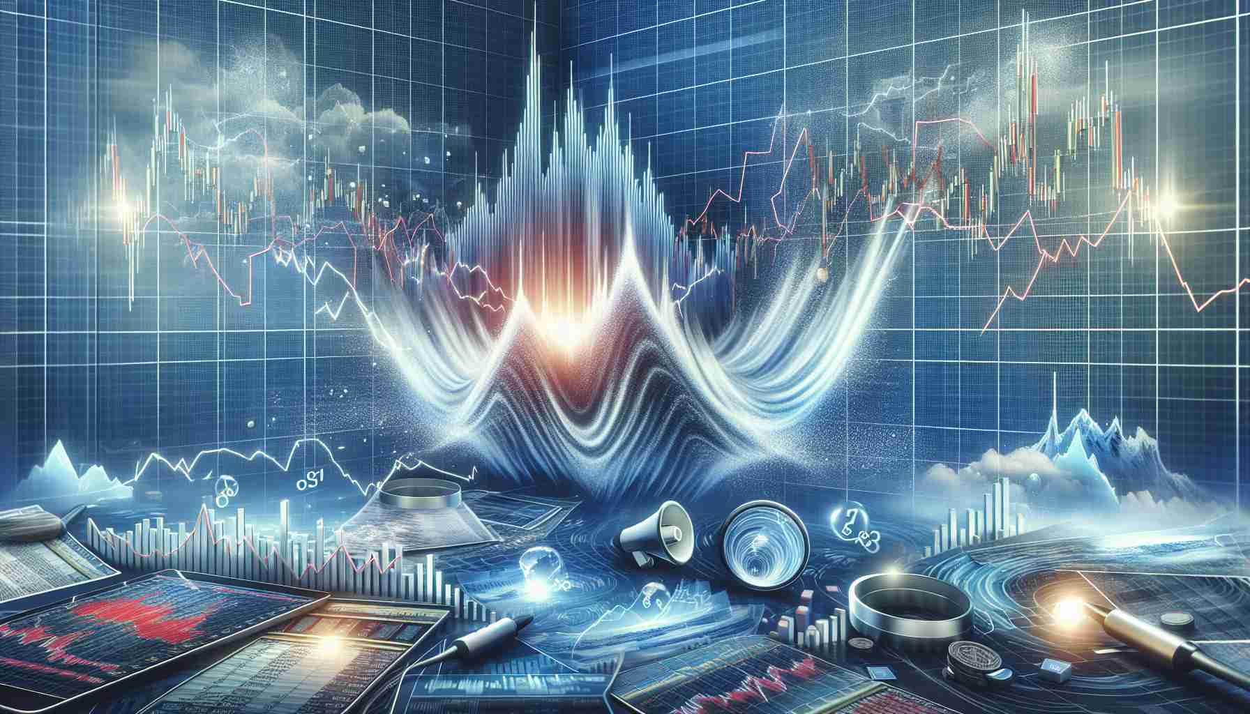 Create a high-definition realistic illustration showcasing the concept of market volatility. Capture the scene of a financial market represented by symbolic elements such as graphs, charts and ticker tapes in a volatile state. Also, incorporate metaphoric visuals associated with shockwaves and potential turbulence, suggesting investors bracing for upcoming challenges in the next week.