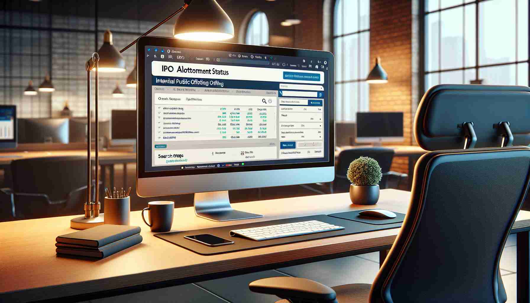 Generate a hyper-realistic, high definition image showcasing the process of checking an Initial Public Offering (IPO) allotment status on a stock exchange. This should include a computer with a search browser open, displaying the stock exchange's webpage. There should also be detailed steps on the screen guiding how to track the IPO allotment status. The setting should be in a comfortable workspace with a desk, a modern ergonomic office chair, warm room lighting, and a cup of coffee next to the computer for effect.