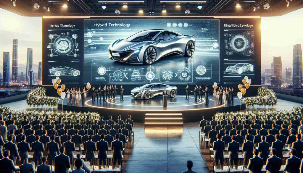 A high-definition, realistic image illustrating a scene where a company unveils its revolutionary hybrid technology. The event is grand with people in professional attire, a sleek modern-style stage, a huge screen displayed with technological schematics, and a shiny new hybrid car - the main attraction on the stage. The car has the typical properties of a hybrid vehicle: sleek design, intricate details, and color that suggests environmental friendliness. Balloons and banners adorn the venue, reflecting the magnitude of the event. Note: The design of the car is not associated with any specific brand or copyrighted designs.