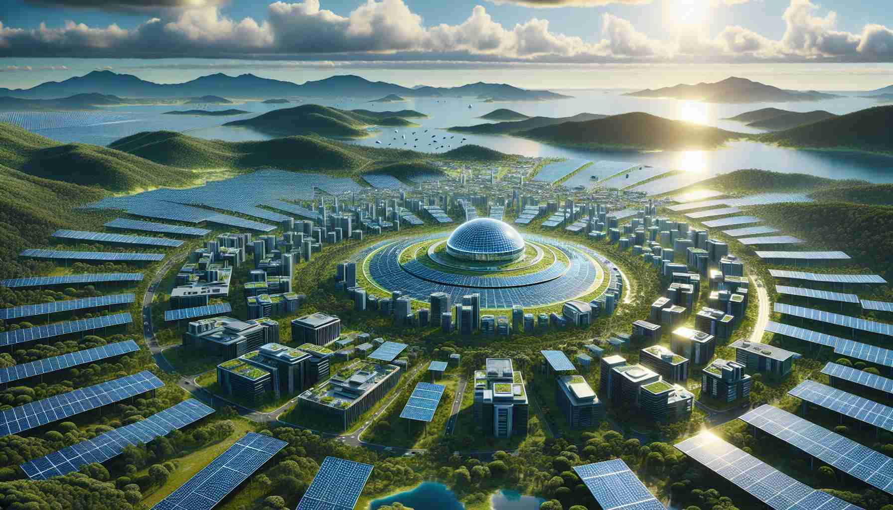 Create a realistic high-definition image depicting a phenomenon titled 'Stunning Solar Revolution'. This scene should visualize a massive shift in energy production taking place in a location that resembles the landscape and architecture of Victoria. Imagine an array of futuristic solar panels harnessing the power of the sun, scattered across the predominantly green landscape. Buildings should look more energy-efficient, with solar panels on the rooftops. The shift should signify a movement from traditional energy sources to sustainable solar energy.