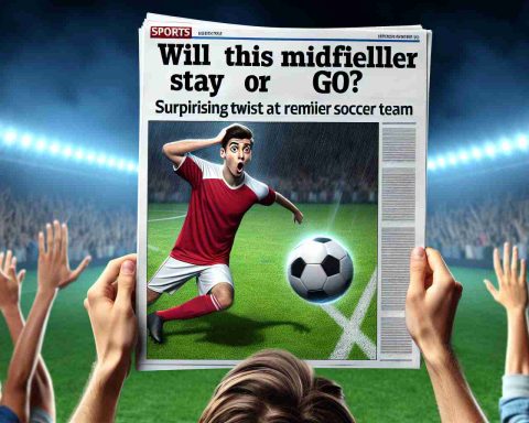 A high-definition, realistic image of a sports headline that reads: 'Will This Midfielder Stay or Go? Surprising Twist at Premier Soccer Team.' Alongside the headline is a picture of an unidentifiable male soccer player, in a red and white jersey, about to kick a black and white soccer ball on a plush green field. A surprised crowd in the background has their hands on their heads in shock.