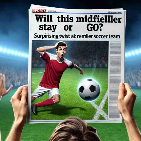 A high-definition, realistic image of a sports headline that reads: 'Will This Midfielder Stay or Go? Surprising Twist at Premier Soccer Team.' Alongside the headline is a picture of an unidentifiable male soccer player, in a red and white jersey, about to kick a black and white soccer ball on a plush green field. A surprised crowd in the background has their hands on their heads in shock.