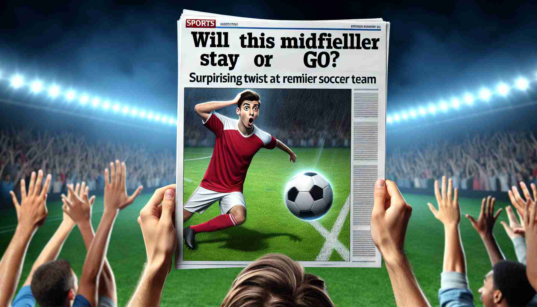 A high-definition, realistic image of a sports headline that reads: 'Will This Midfielder Stay or Go? Surprising Twist at Premier Soccer Team.' Alongside the headline is a picture of an unidentifiable male soccer player, in a red and white jersey, about to kick a black and white soccer ball on a plush green field. A surprised crowd in the background has their hands on their heads in shock.