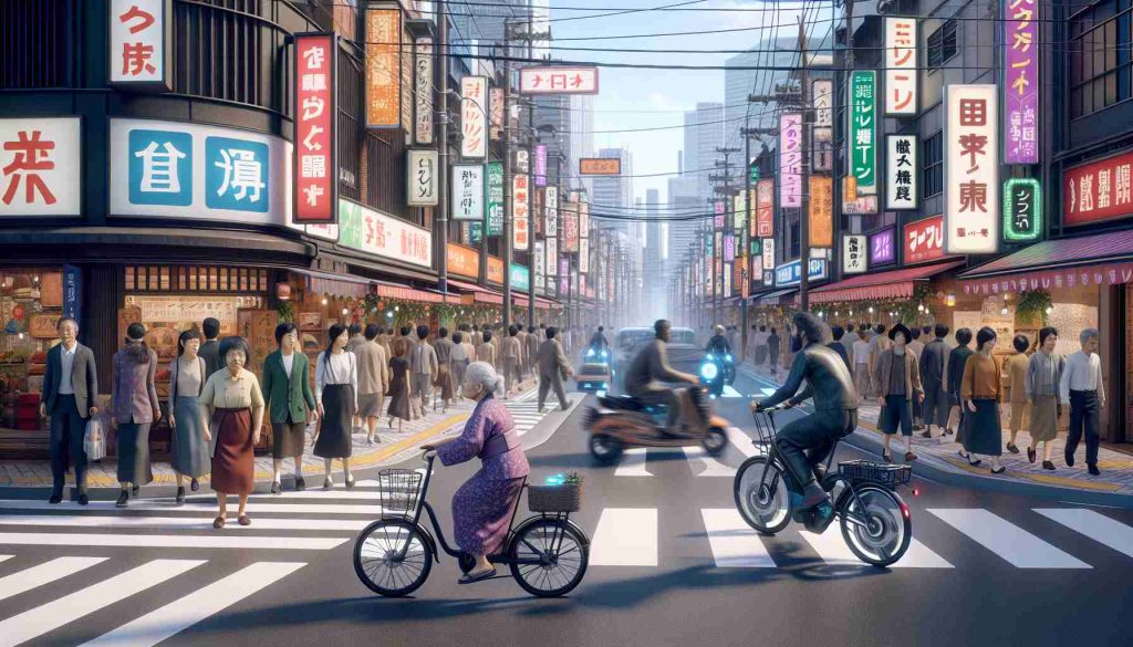 A realistic, high definition representation of the changing urban landscapes, showcasing the evolution of electric bikes in Japan. The image captures a busy Japanese city street, teeming with vibrant commercial signs and architectural structures oozing with modern design elements. Pedestrians of various descents like Hispanic, Caucasian, and Middle-Eastern are present. Among them, an elderly South Asian woman is riding a traditional bike while a young Black man is navigating through the crowd on an advanced electric bike. Both riders are symbolic of the transformation and adoption of new technologies over time.