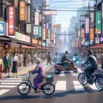 A realistic, high definition representation of the changing urban landscapes, showcasing the evolution of electric bikes in Japan. The image captures a busy Japanese city street, teeming with vibrant commercial signs and architectural structures oozing with modern design elements. Pedestrians of various descents like Hispanic, Caucasian, and Middle-Eastern are present. Among them, an elderly South Asian woman is riding a traditional bike while a young Black man is navigating through the crowd on an advanced electric bike. Both riders are symbolic of the transformation and adoption of new technologies over time.