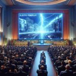 A high definition, hyper-realistic image capturing the moment of an electric technology reveal. The scene should depict the surprise and fascination on the faces of investors and industry insiders in a tastefully decorated auditorium. A large unveiling screen is showcasing 'Electric Powerplay', a game-changing innovation in the energy sector. The atmosphere is filled with anticipation and viewers can sense the industry paradigm about to shift significantly. Everyone in the room is fixated on the revelation, with some visibly excited while others are surprised and raising their eyebrows in unexpected awe.