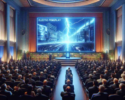 A high definition, hyper-realistic image capturing the moment of an electric technology reveal. The scene should depict the surprise and fascination on the faces of investors and industry insiders in a tastefully decorated auditorium. A large unveiling screen is showcasing 'Electric Powerplay', a game-changing innovation in the energy sector. The atmosphere is filled with anticipation and viewers can sense the industry paradigm about to shift significantly. Everyone in the room is fixated on the revelation, with some visibly excited while others are surprised and raising their eyebrows in unexpected awe.