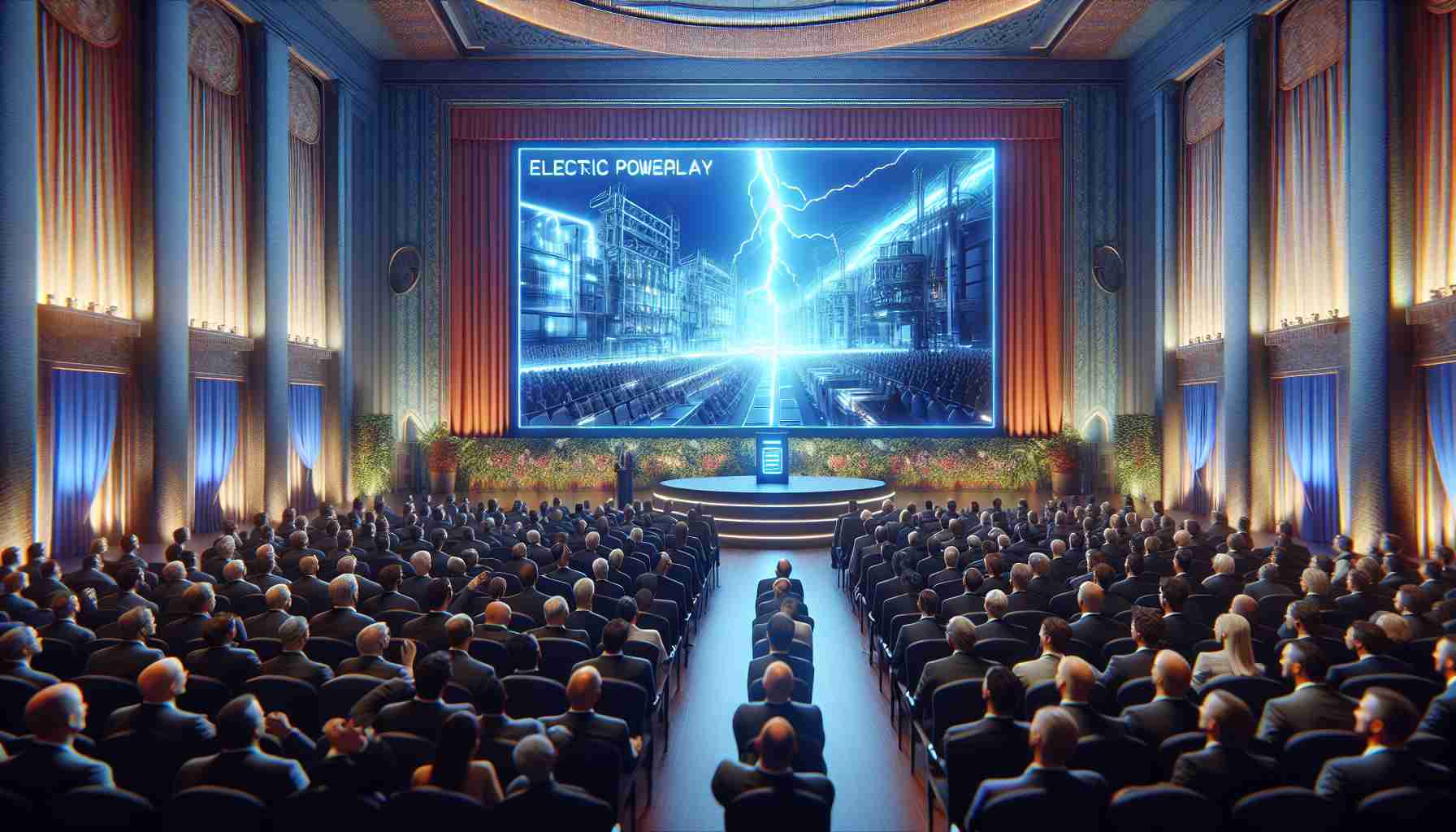 A high definition, hyper-realistic image capturing the moment of an electric technology reveal. The scene should depict the surprise and fascination on the faces of investors and industry insiders in a tastefully decorated auditorium. A large unveiling screen is showcasing 'Electric Powerplay', a game-changing innovation in the energy sector. The atmosphere is filled with anticipation and viewers can sense the industry paradigm about to shift significantly. Everyone in the room is fixated on the revelation, with some visibly excited while others are surprised and raising their eyebrows in unexpected awe.