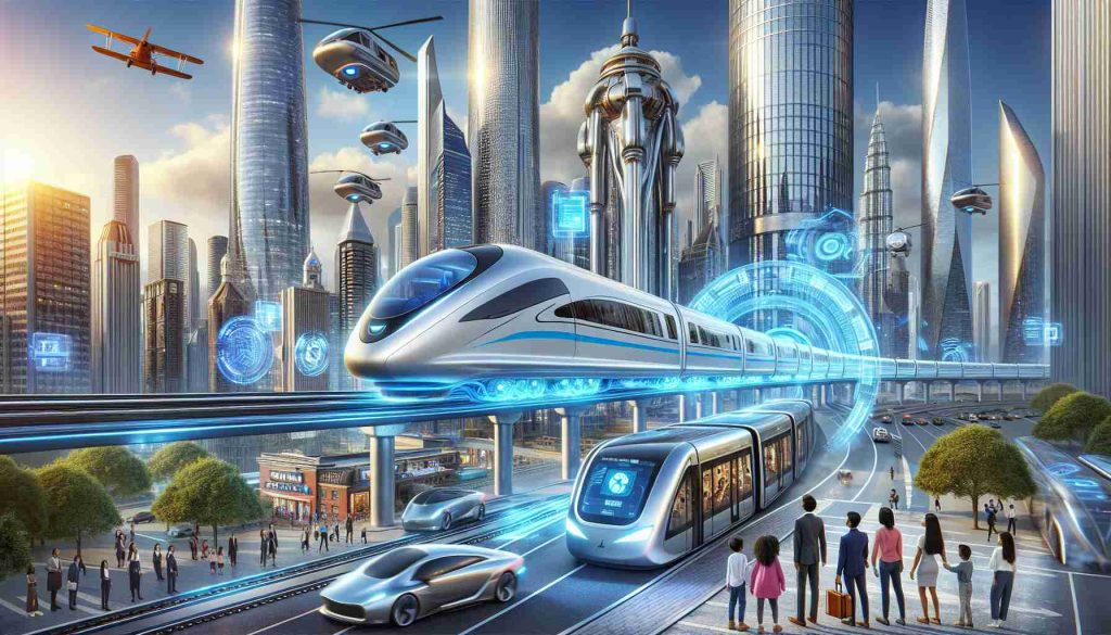 Picture this: A hyper-advanced public transportation system, immersed in the future of technology. Gleaming, high-speed trains with aerodynamic designs are efficiently zapping past skyscrapers in a bustling city, smoothly running on tracks suspended in air aided by levitation technology. Autonomous electric buses dynamically navigate through city streets, adjusting their routes in real time using advanced AI. Meanwhile, a group of South Asian males, Caucasian females, and black children awestruck by the modern marvel before them. A HD screen in the background displays an infographic about the positive environmental impact of these systems. All of this in high-definition, infused with a dash of realism to truly capture the awe-inspiring future of public transportation.