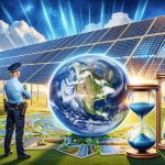 An educational HD image depicting the importance of clean energy. The scene should include a solar power field with rotating photovoltaic arrays, against a backdrop of radiant blue sky. A policeman representing the security aspect. Also include a hourglass in the foreground to symbolise the concept of time. A globe showing the North American continent should be present, the continents highlighted with parklands and green spaces, representing the Earth's future wellbeing. Let the picture have captions or banners that say 'Clean Energy' and 'Securing Our Future'.