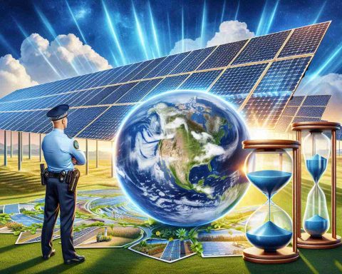 An educational HD image depicting the importance of clean energy. The scene should include a solar power field with rotating photovoltaic arrays, against a backdrop of radiant blue sky. A policeman representing the security aspect. Also include a hourglass in the foreground to symbolise the concept of time. A globe showing the North American continent should be present, the continents highlighted with parklands and green spaces, representing the Earth's future wellbeing. Let the picture have captions or banners that say 'Clean Energy' and 'Securing Our Future'.