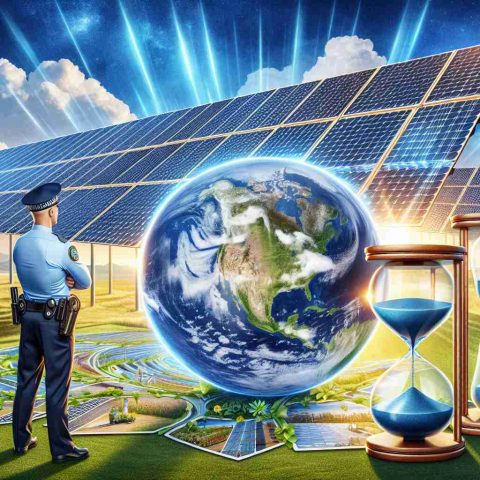 An educational HD image depicting the importance of clean energy. The scene should include a solar power field with rotating photovoltaic arrays, against a backdrop of radiant blue sky. A policeman representing the security aspect. Also include a hourglass in the foreground to symbolise the concept of time. A globe showing the North American continent should be present, the continents highlighted with parklands and green spaces, representing the Earth's future wellbeing. Let the picture have captions or banners that say 'Clean Energy' and 'Securing Our Future'.