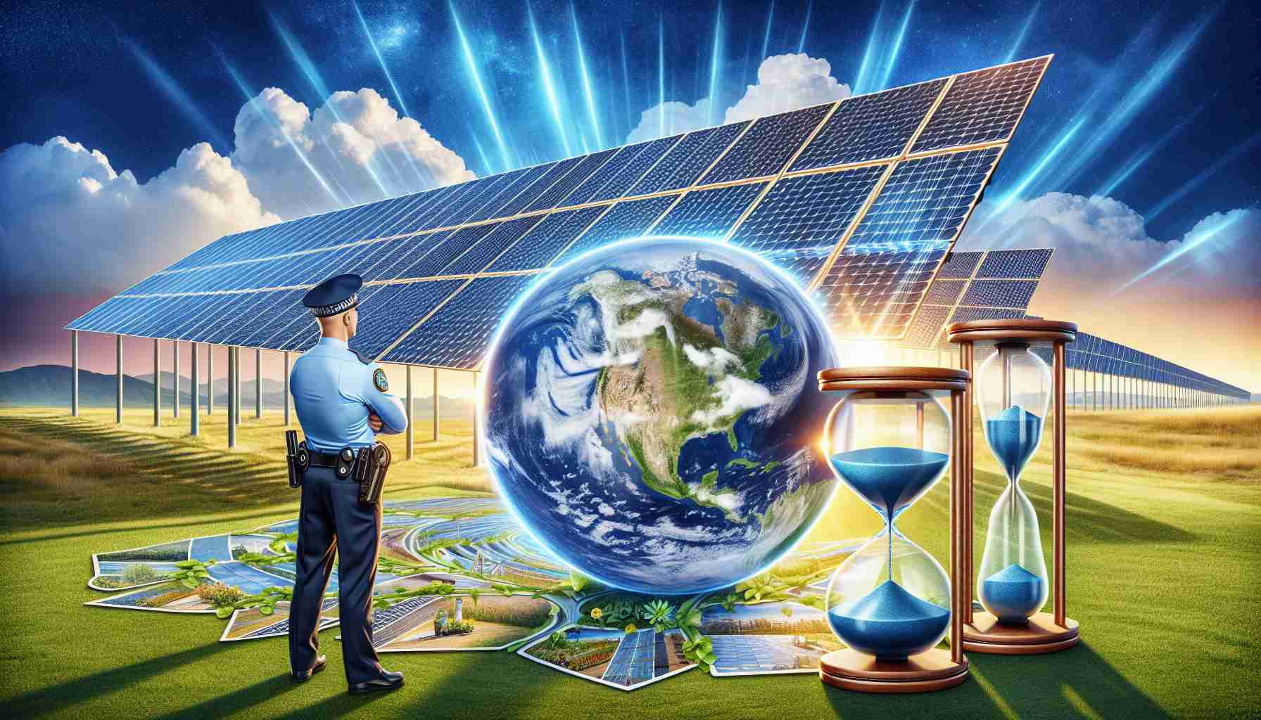 An educational HD image depicting the importance of clean energy. The scene should include a solar power field with rotating photovoltaic arrays, against a backdrop of radiant blue sky. A policeman representing the security aspect. Also include a hourglass in the foreground to symbolise the concept of time. A globe showing the North American continent should be present, the continents highlighted with parklands and green spaces, representing the Earth's future wellbeing. Let the picture have captions or banners that say 'Clean Energy' and 'Securing Our Future'.