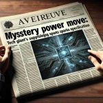 A high definition, realistic image of a newspaper headline that reads 'Mystery Power Move: Tech Giant's Surprising Acquisition Sparks Speculation'. Beside it is an image of a large tech company logo superimposed over a smaller, successfully acquired company logo.