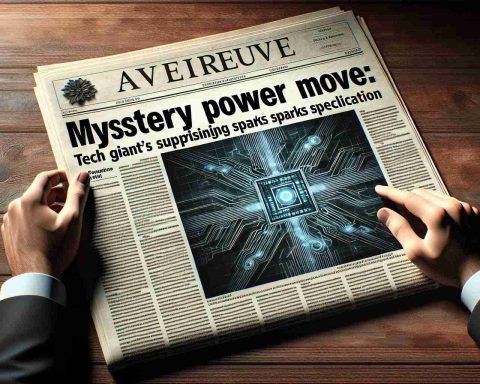 A high definition, realistic image of a newspaper headline that reads 'Mystery Power Move: Tech Giant's Surprising Acquisition Sparks Speculation'. Beside it is an image of a large tech company logo superimposed over a smaller, successfully acquired company logo.