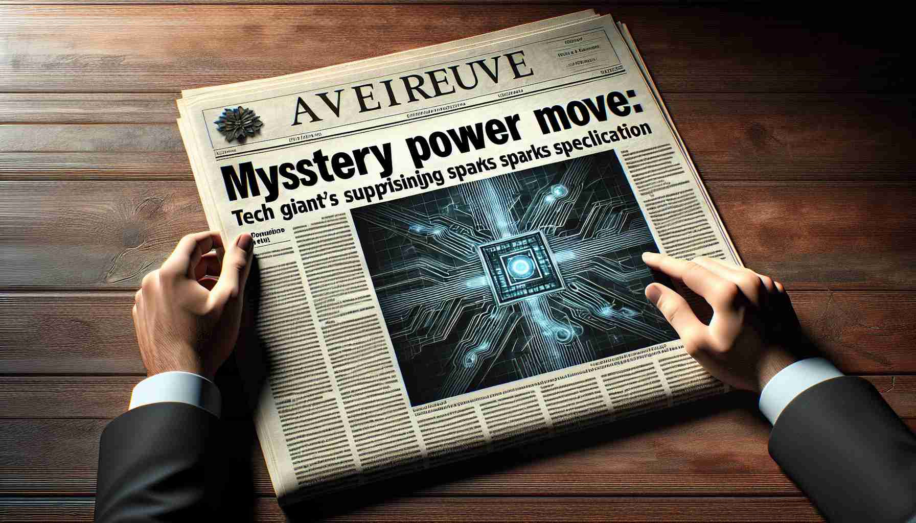 A high definition, realistic image of a newspaper headline that reads 'Mystery Power Move: Tech Giant's Surprising Acquisition Sparks Speculation'. Beside it is an image of a large tech company logo superimposed over a smaller, successfully acquired company logo.