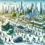 Create a detailed, visually striking, high-definition image that embodies the idea of encouraging sustainable transport through innovative initiatives. In the foreground, display a diverse group of people of different descents actively using various green modes of transportation. This could include electric cars, bicycles, pedestrians, and public transports like a bus or a tram powered by renewable energies. In the background, depict a cityscape showcasing renewable energy solutions, such as solar panels and wind turbines. The image should depict a future where innovation leads to sustainability. The city environment should reflect harmony with nature, perhaps through the integration of green spaces, and the public should look happy and motivated in their use of sustainable transport options. The image should inspire viewers to contemplate on the possibilities of a better, greener future.