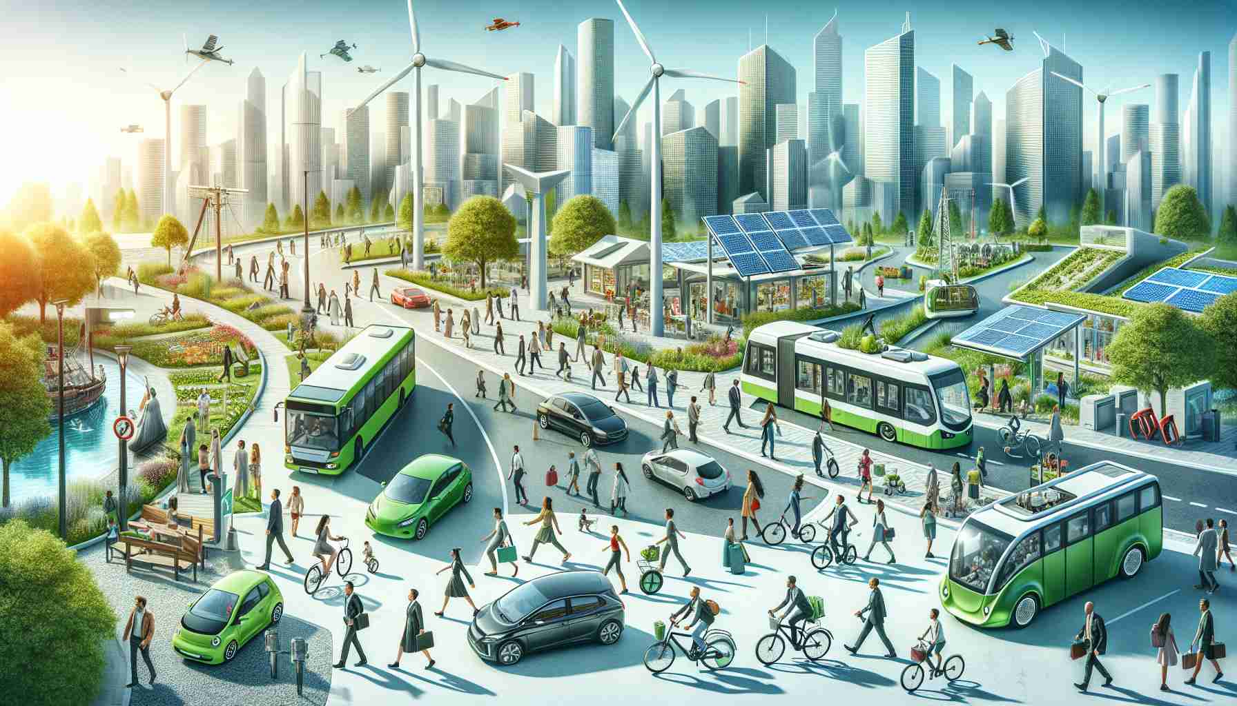 Create a detailed, visually striking, high-definition image that embodies the idea of encouraging sustainable transport through innovative initiatives. In the foreground, display a diverse group of people of different descents actively using various green modes of transportation. This could include electric cars, bicycles, pedestrians, and public transports like a bus or a tram powered by renewable energies. In the background, depict a cityscape showcasing renewable energy solutions, such as solar panels and wind turbines. The image should depict a future where innovation leads to sustainability. The city environment should reflect harmony with nature, perhaps through the integration of green spaces, and the public should look happy and motivated in their use of sustainable transport options. The image should inspire viewers to contemplate on the possibilities of a better, greener future.