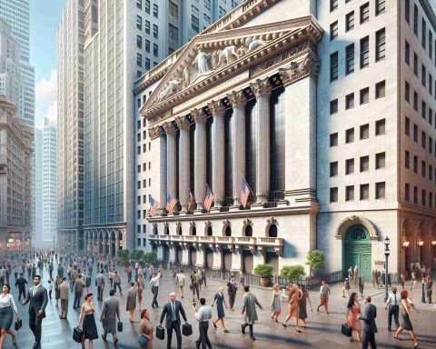 A highly detailed and realistic image of the exterior of one of the world's largest stock exchanges, showcasing its architecture and surrounding area during a bustling weekday. The scene should be filled with people of diverse descent and gender: Caucasian men and women rushing to work, Black stockbrokers engaged in discussions, a group of South Asian tourists admiring the grandeur of the building, and Hispanic women taking photos. Please make sure to include the unique architectural features of the stock exchange building as well.