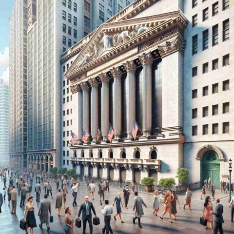 A highly detailed and realistic image of the exterior of one of the world's largest stock exchanges, showcasing its architecture and surrounding area during a bustling weekday. The scene should be filled with people of diverse descent and gender: Caucasian men and women rushing to work, Black stockbrokers engaged in discussions, a group of South Asian tourists admiring the grandeur of the building, and Hispanic women taking photos. Please make sure to include the unique architectural features of the stock exchange building as well.