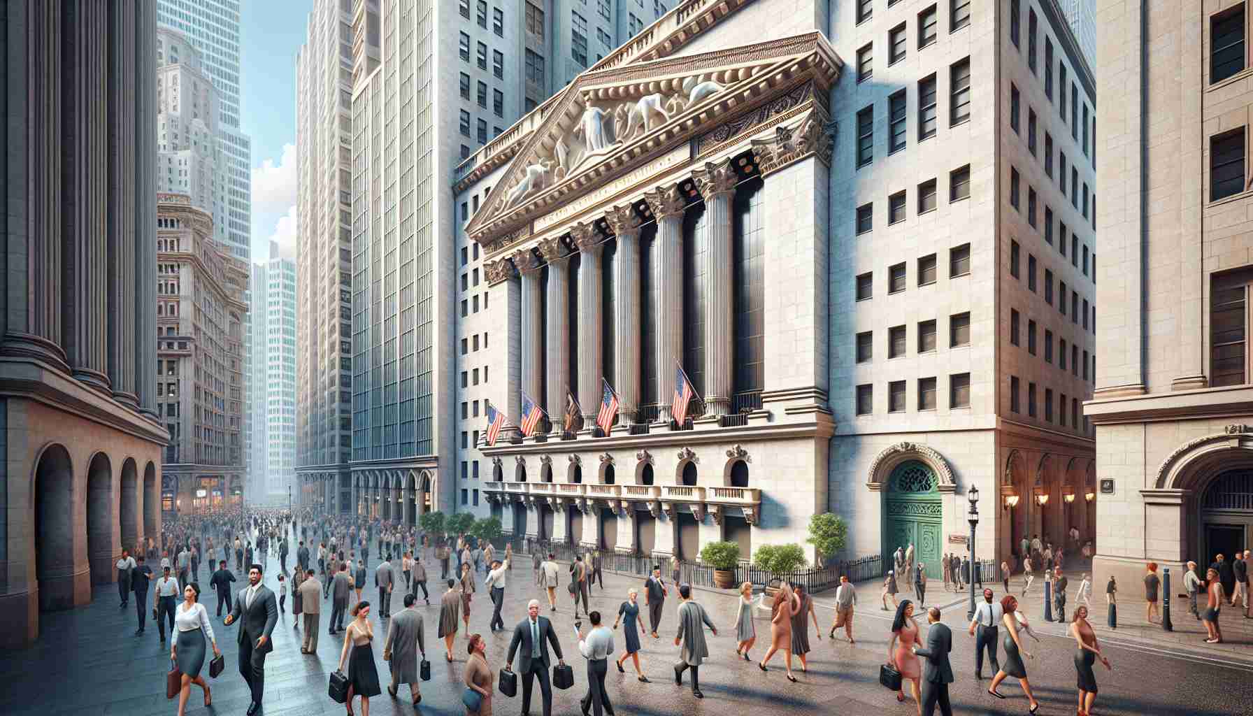 A highly detailed and realistic image of the exterior of one of the world's largest stock exchanges, showcasing its architecture and surrounding area during a bustling weekday. The scene should be filled with people of diverse descent and gender: Caucasian men and women rushing to work, Black stockbrokers engaged in discussions, a group of South Asian tourists admiring the grandeur of the building, and Hispanic women taking photos. Please make sure to include the unique architectural features of the stock exchange building as well.