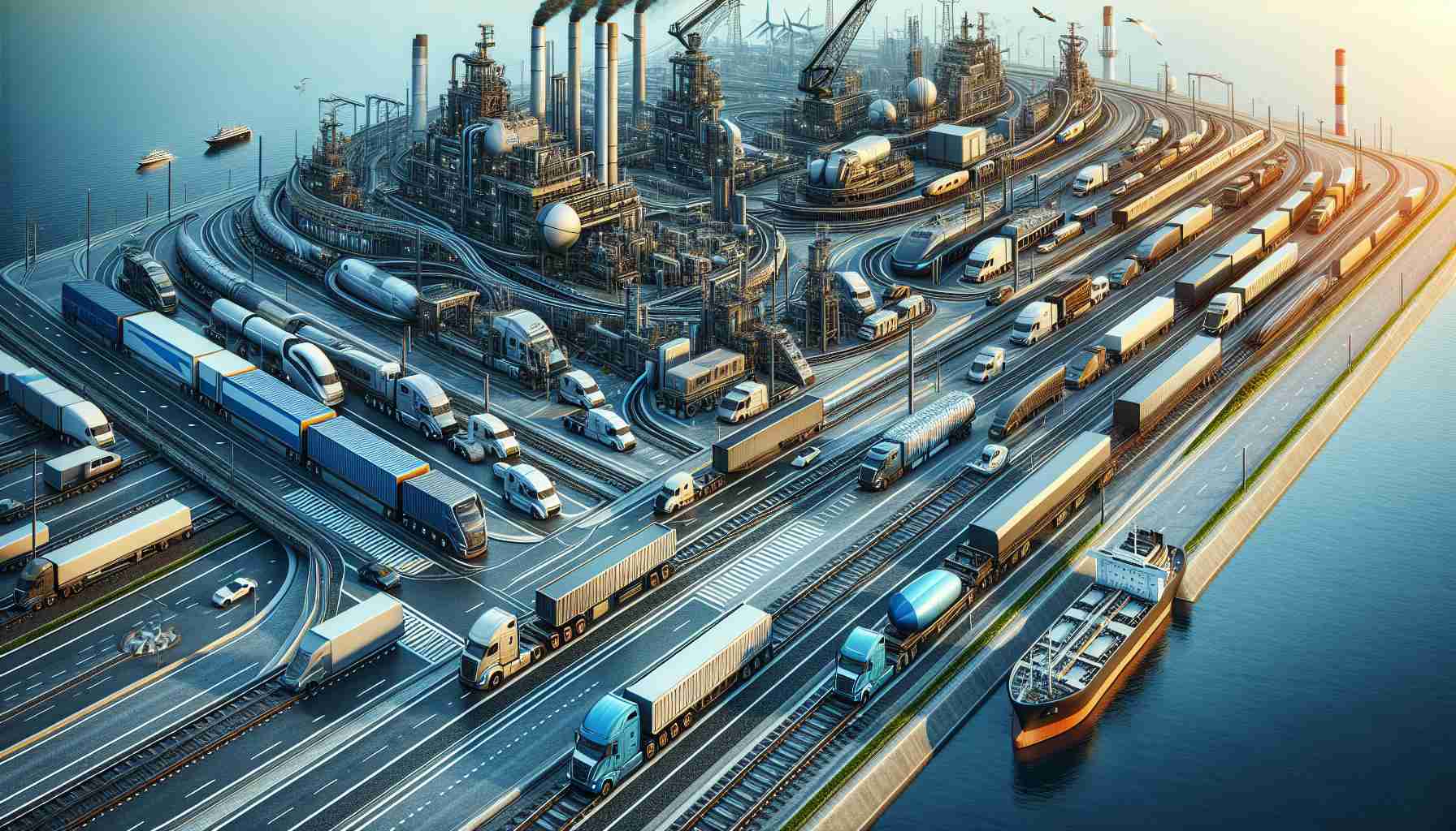 An incredibly detailed high-definition image of heavy-duty transport vehicles used for shipping goods, showcasing designs that redefine sustainability. These might include cutting-edge, clean energy sources, efficient aerodynamics, and smart systems for load management. Various types of vehicles could be included such as trucks, trains, and cargo ships, each one designed and built for minimal environmental impact. The setting should be diverse, possibly ranging from highways to seaports, offering a comprehensive look at the various environments in which these vehicles operate.