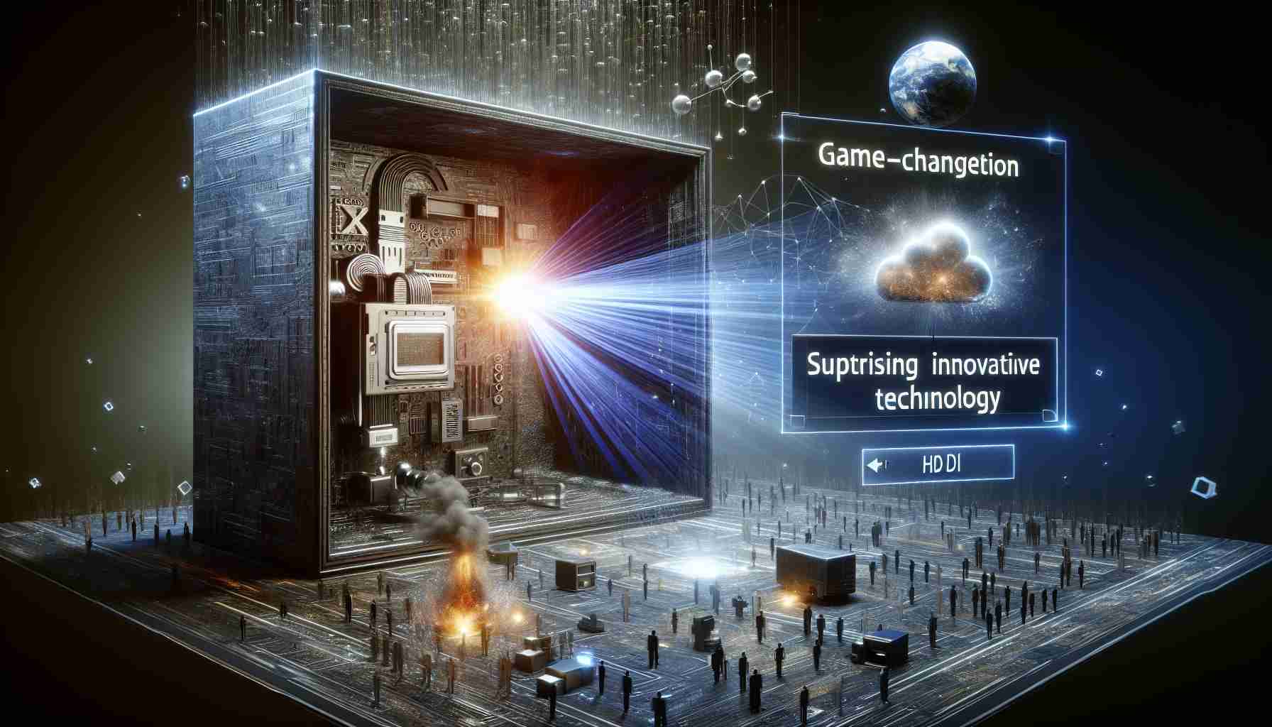 A realistic HD representation of a surprising new innovative technology. The image illustrates a game-changing scenario, perhaps a new device or solution, leading to substantial progress and change in the technological landscape. Abstract concepts like the network, connectivity, AI, or cloud computing might be visualized in the environment surrounding the main focus of the technological innovation. The atmosphere should express anticipation and excitement.