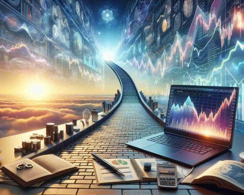 Create a high definition, realistic image inspired by the theme of starting the journey to financial freedom through stock trading. Visualize this with elements such as a detailed pathway unfolding towards a bright horizon, a laptop displaying stock market charts, and a beginner's guide book.