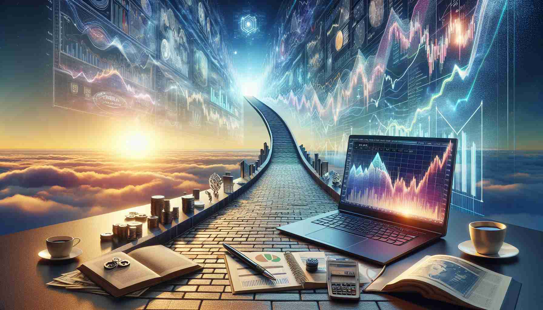 Create a high definition, realistic image inspired by the theme of starting the journey to financial freedom through stock trading. Visualize this with elements such as a detailed pathway unfolding towards a bright horizon, a laptop displaying stock market charts, and a beginner's guide book.