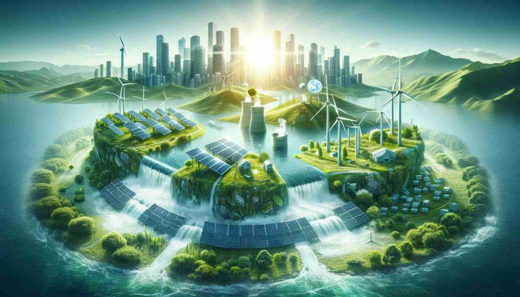 Create an image that depicts the future of power dominated by green energy sources. Show an array of solar panels soaking up the sun's rays, a group of wind turbines spinning in a gusty field, a hydroelectric dam using the power of the rushing water. To present a message of sustainable and renewable energy, include a healthy, thriving natural environment around these green energy installations. Also, provide a futuristic city skyline in the background, powered entirely by these green energy sources.