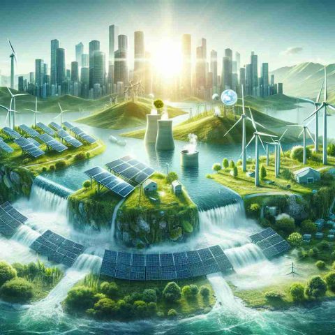 Create an image that depicts the future of power dominated by green energy sources. Show an array of solar panels soaking up the sun's rays, a group of wind turbines spinning in a gusty field, a hydroelectric dam using the power of the rushing water. To present a message of sustainable and renewable energy, include a healthy, thriving natural environment around these green energy installations. Also, provide a futuristic city skyline in the background, powered entirely by these green energy sources.