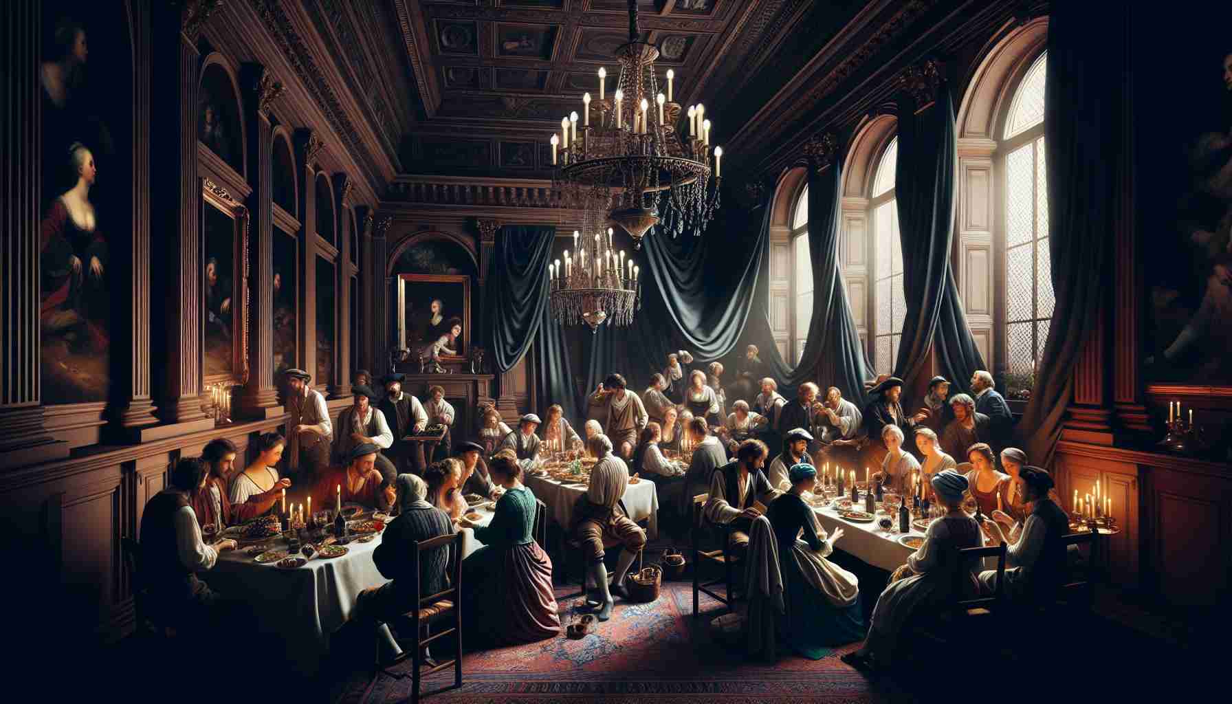 Create a realistic HD scene inspired by the dramatic chiaroscuro and lifelike depictions of the Baroque era, specifically paying homage to the artistry of artists like Valentin de Boulogne. The scene should feature a group of ordinary people, possibly gathered for a meal or a game, engaging in animated conversation, under the contrasting play of dark shadows and bright light.