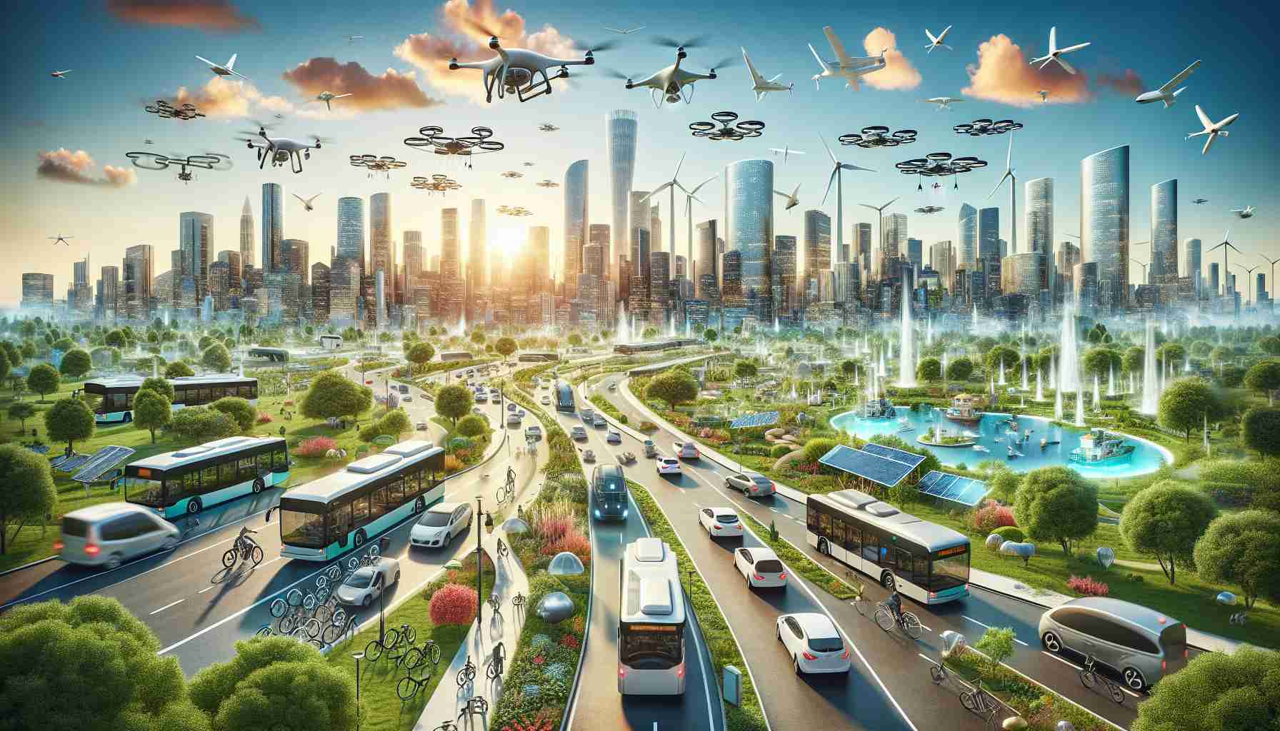 Spectacular high-definition image representing the concept of revolutionizing urban mobility through sustainable investment. Imagine a bustling cityscape under a serene blue sky, with numerous modern, eco-friendly transportation systems co-existing harmoniously. Electric buses, solar-powered taxicabs, and bicycles sharing the roads, while drones and electric air taxis smoothly navigating the skies above. In the background, towering wind turbines and solar panels, symbols of renewable energy investment, intermingling with the city's classic skyline. Lush greenery, parks, and rooftop gardens are also present, adding another aspect of sustainability. This vision should encapsulate the hopeful future of urban mobility.