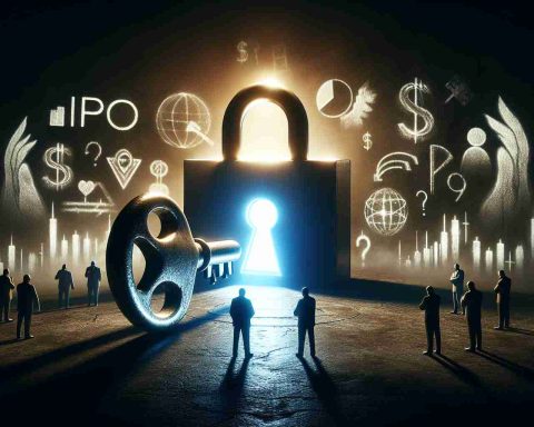 An HD depiction of the concept of unlocking the secret world of Pre-IPO shares. The scene could include symbols like a large, heavy, old-fashioned key on the edge of turning in a luminescent lock, with symbols of shares and stock markets metaphorically hidden behind. In the background, shadowy figures representing billionaires whispering secrets could be depicted. The overall atmosphere should be mysterious and intriguing.