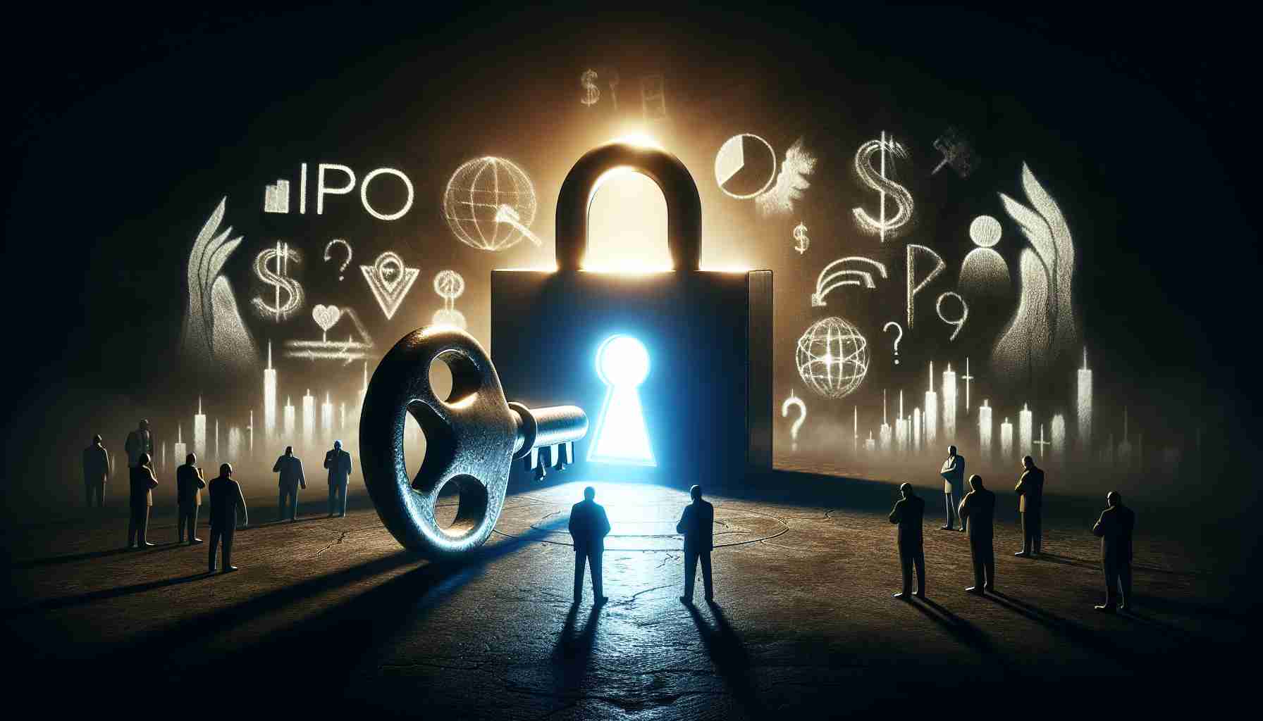 An HD depiction of the concept of unlocking the secret world of Pre-IPO shares. The scene could include symbols like a large, heavy, old-fashioned key on the edge of turning in a luminescent lock, with symbols of shares and stock markets metaphorically hidden behind. In the background, shadowy figures representing billionaires whispering secrets could be depicted. The overall atmosphere should be mysterious and intriguing.