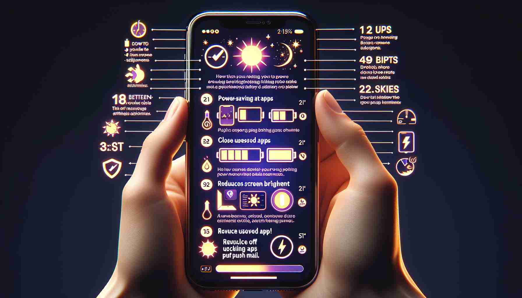 A high-definition, realistic image displaying a sequence of tips for efficiently using iPhone battery power. The image could be a series of infographics or slides detailing instructions on power-saving settings adjustments, closing unused apps, reducing screen brightness, turning off push email, etc. It should be easily understandable and useful for an average iPhone user.