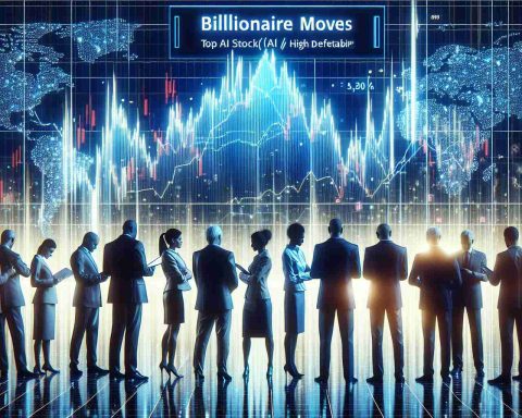 Generate a realistic and High Definition image representing the concept of 'Billionaire Moves'. This should depict a generic graph labeled 'Top AI Stock' with a sharp downward trend to symbolize major sell-offs. Please also include signs of concern and discussion among a group of diverse individuals, possibly business people or investors, without any specific focus on real individuals or identifiable business figures.