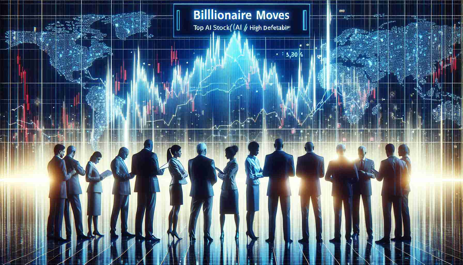 Generate a realistic and High Definition image representing the concept of 'Billionaire Moves'. This should depict a generic graph labeled 'Top AI Stock' with a sharp downward trend to symbolize major sell-offs. Please also include signs of concern and discussion among a group of diverse individuals, possibly business people or investors, without any specific focus on real individuals or identifiable business figures.